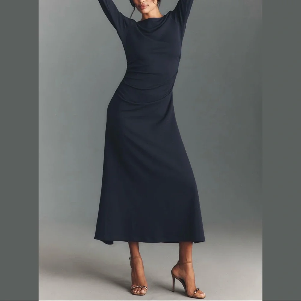 Anthropologie Long-Sleeve Cowl-Back Maxi Dress Navy Blue Medium NWT - Picture 12 of 13